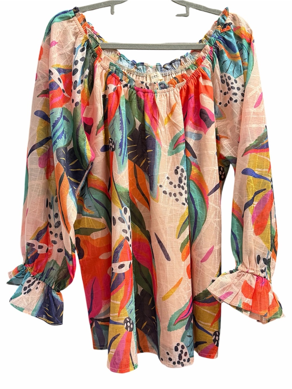 OTT Boutique Abstract Tropical Off-the-Shoulder Peasant Blouse